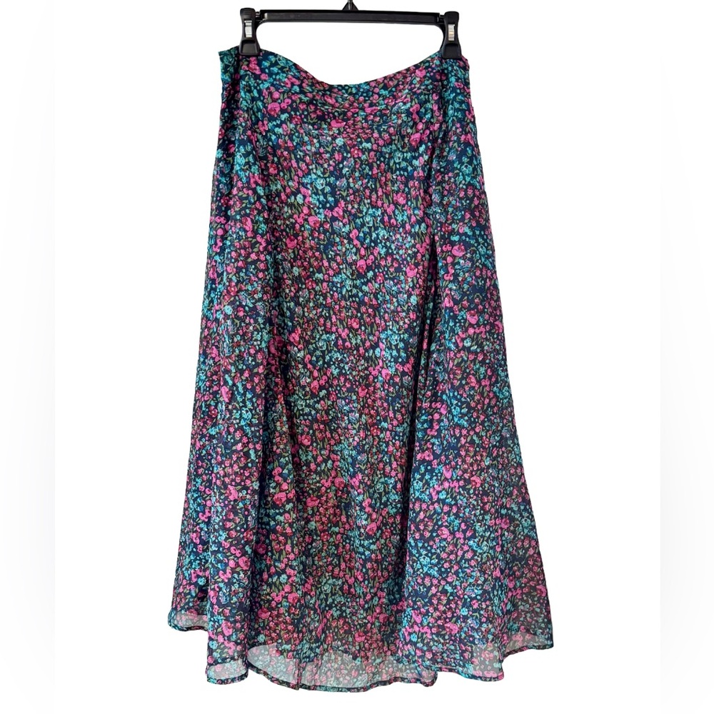 J. Peterman Ditsy Print Floral Midi Skirt Sz M Pink Blue Cream Flowy NWOT